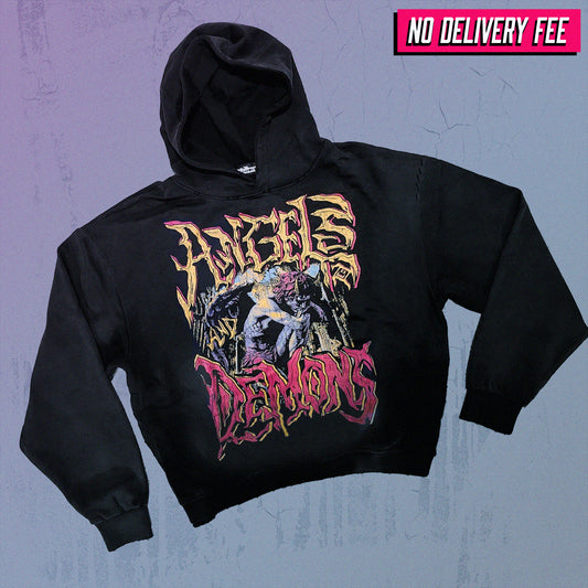 ANGELS AND DEMONS - Premium 420GSM Sunfaded and Frayed Boxy Hoodie