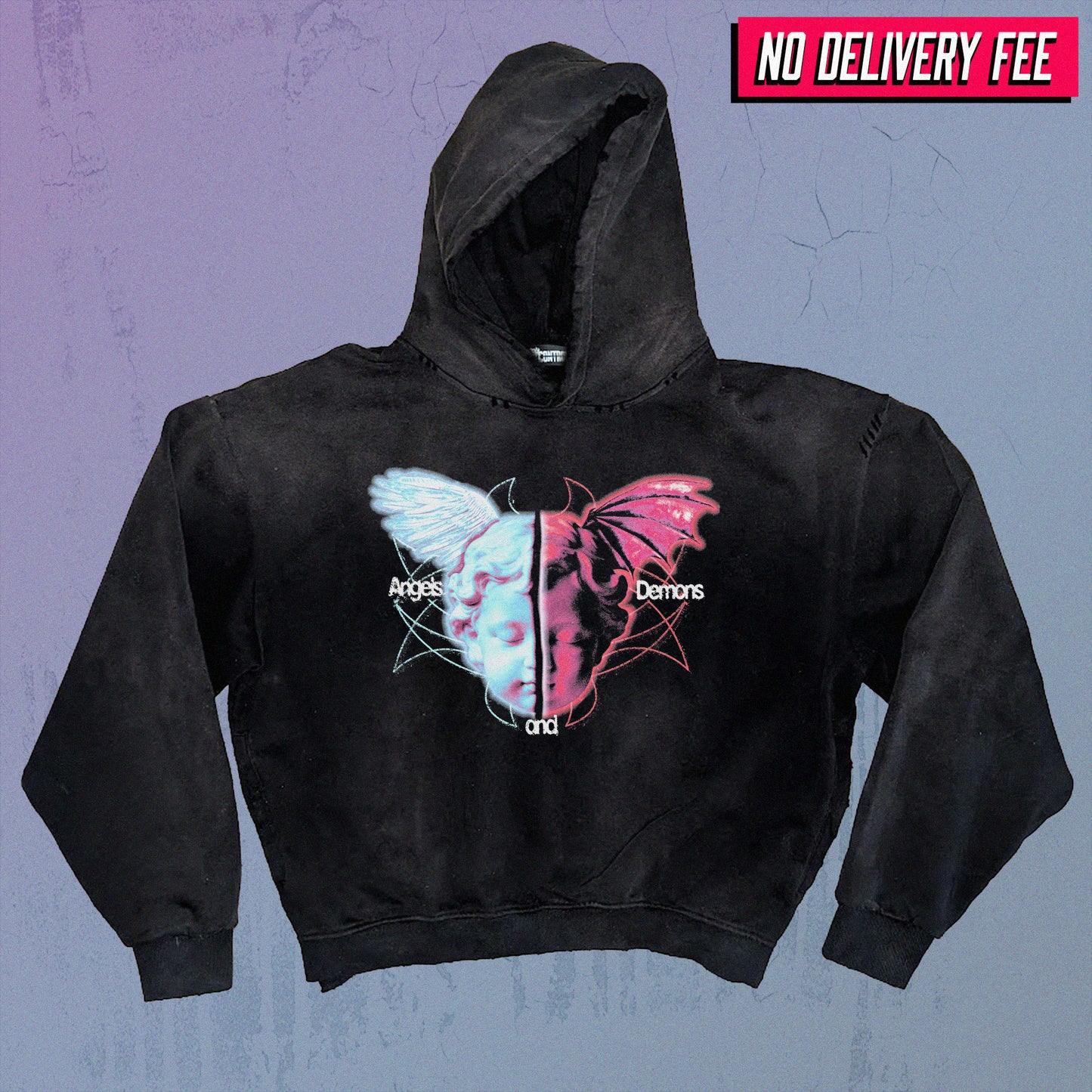ANGELS AND DEMONS V2 - Premium 420GSM Sunfaded and Frayed Boxy Hoodie