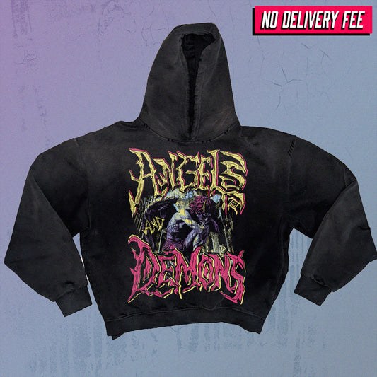 ANGELS AND DEMONS - Premium 420GSM Sunfaded and Frayed Boxy Hoodie